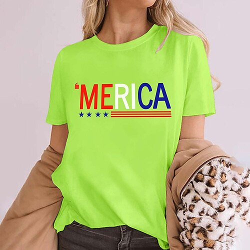 

Women's Casual Weekend Painting T shirt Tee Text Star Short Sleeve Print Round Neck Basic Tops Green White Black S