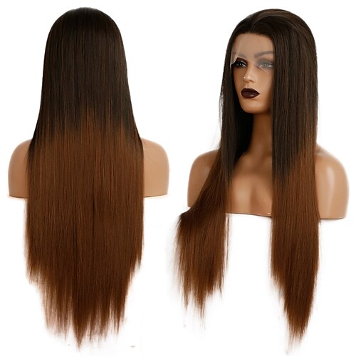 

Synthetic Lace Wig kinky Straight Style 10-26 inch Brown Silky Straight 132.5 lace front Wig Women's Wig Golden Brown With Blonde