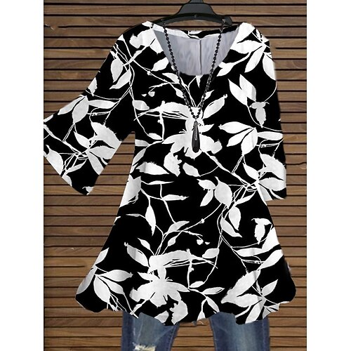 

Women's Plus Size Tops Blouse Shirt Leaf Print 3/4 Length Sleeve Crewneck Streetwear Daily Holiday Cotton Spandex Jersey Spring Summer Black