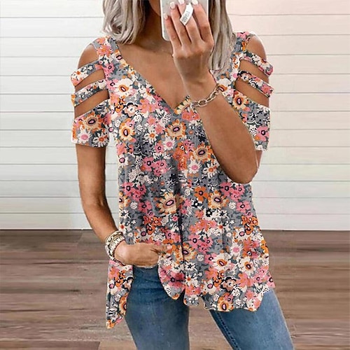 

Women's Floral Blouse Shirt Floral Flowing tunic Print V Neck Casual Streetwear Tops Yellow / 3D Print