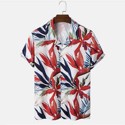 

Men's Shirt Leaves Turndown Street Casual Button-Down Short Sleeve Tops Casual Fashion Comfortable Beach Red / White