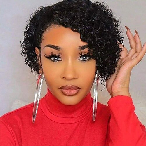 

Human Hair Wig Body Wave Pixie Cut Natural Black Adjustable Natural Hairline For Black Women Machine Made Capless Brazilian Hair All Natural Black #1B 6 inch Daily Wear Party & Evening