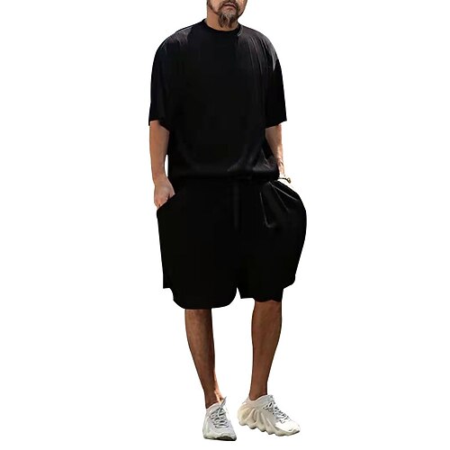 

Men's Tracksuit Stripe Pocket Elastic Waist Minimalist Crew Neck Solid Color Sport Athleisure Clothing Suit Short Sleeve Breathable Lightweight Soft Sweat Out Casual Leisure Sports Beach Workout