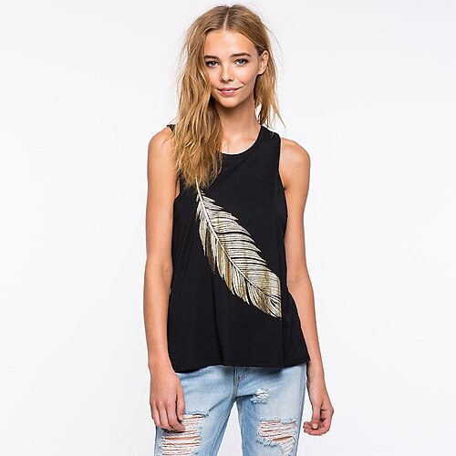 

Women's Tank Top Camis Feather Print Round Neck Casual Streetwear Tops Black