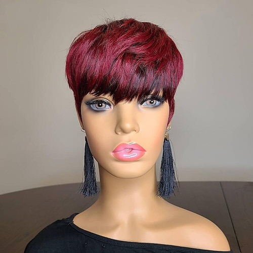 

99J Highlight Color Brazilian Human Hair Wigs With Bangs Pixie Short Cut Bob Wig For Black Women Natural Wig Remy Hair Glueless