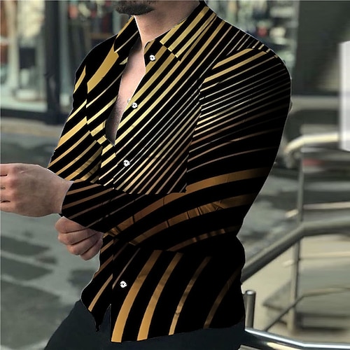 

Men's Shirt Graphic Shirt Linear Turndown Yellow 3D Print Outdoor Street Long Sleeve Button-Down Print Clothing Apparel Fashion Designer Casual Breathable / Summer / Spring / Summer