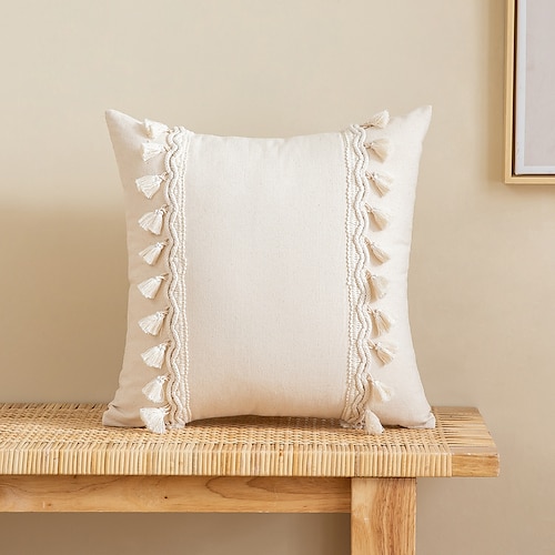 

Boho Pillow Covers Cream with Tassels Handwoven All Cotton Beige Throw Pillow Covers for Couch Bedroom Living Room