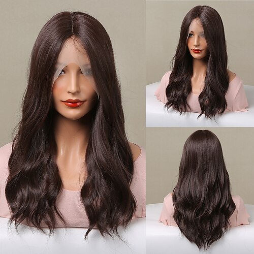 

HAIRCUBE Ombre Auburn/Golden/Brown 22 inch Lace Front Wig Long Water Wavy 1341 T Part Kanekalon Lace Wig With Baby Hair for Woman 180% Density