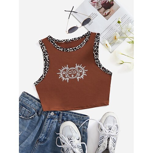 

Women's Tank Top T shirt Graphic Print Round Neck Basic Tops Brown / 3D Print