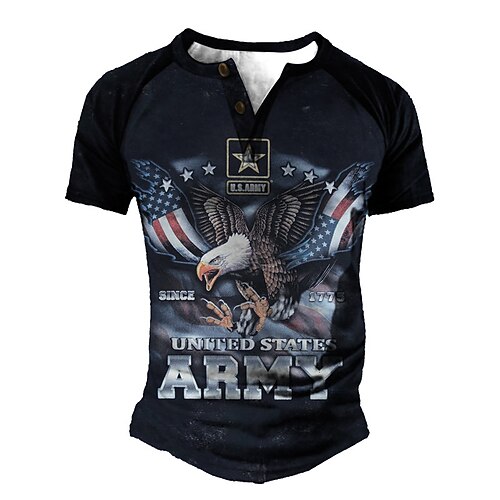 

Men's Henley Shirt Tee T shirt 3D Print Graphic Color Block Eagle Plus Size Henley Daily Sports Patchwork Button-Down Short Sleeve Tops Basic Casual Classic Designer Navy Blue