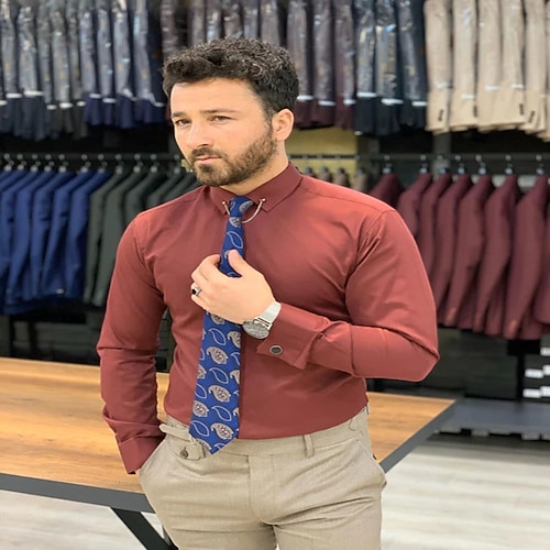 

Men's Shirt Solid Colored Turndown Casual Daily Button-Down Long Sleeve Tops Casual Fashion Breathable Comfortable Red