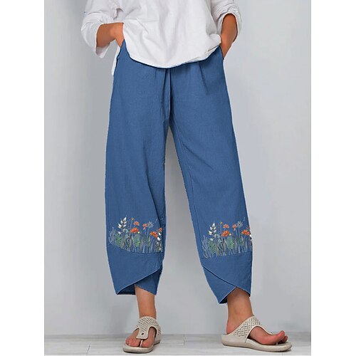 

Women's Chinos Pants Trousers Faux Linen Purple Dark Blue Light Blue Mid Waist Casual / Sporty Athleisure Casual Weekend Side Pockets Print Micro-elastic Ankle-Length Comfort Flower / Floral S M L XL