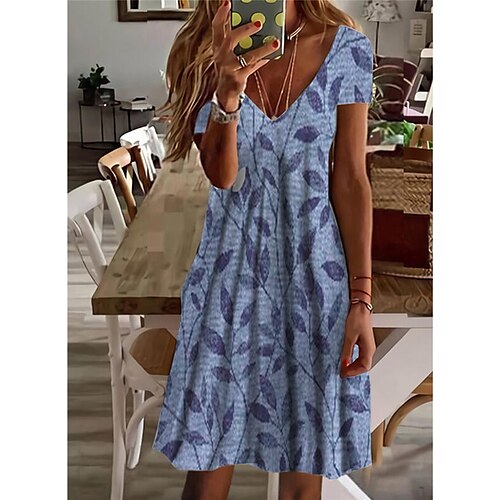 

Damen Casual kleid Etuikleid Grün Blau Kurzarm Bedruckt Frühling Sommer V Ausschnitt 2022 S M L XL XXL 3XL