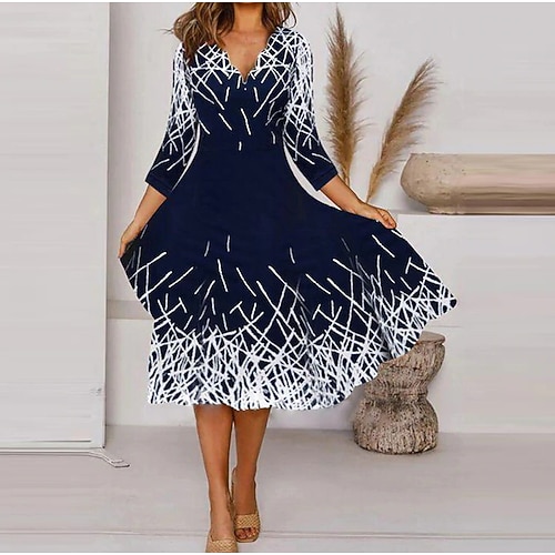 

Women's Casual Dress Midi Dress Navy Blue 3/4 Length Sleeve Ruched Winter Fall Autumn V Neck 2022 S M L XL XXL 3XL