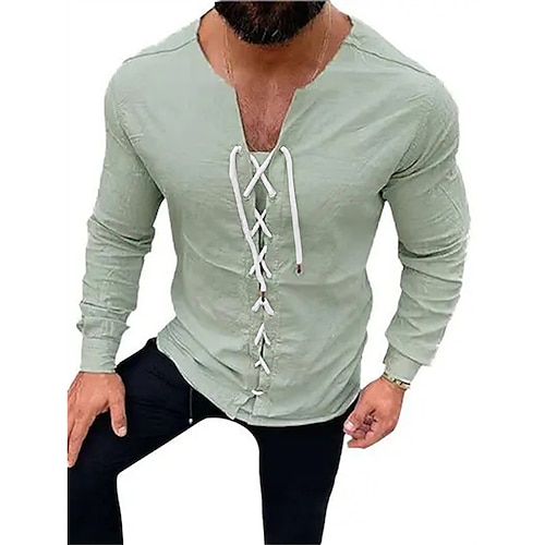 

Men's Shirt Solid Color Turndown Green Outdoor Street Long Sleeve Drawstring Clothing Apparel Cotton Fashion Casual Breathable Comfortable / Summer / Summer