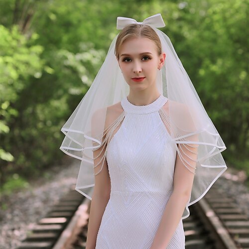 Two-tier Classic & Timeless / Cute Wedding Veil Fingertip Veils with Satin  Bow Tulle 2023 - $10.99