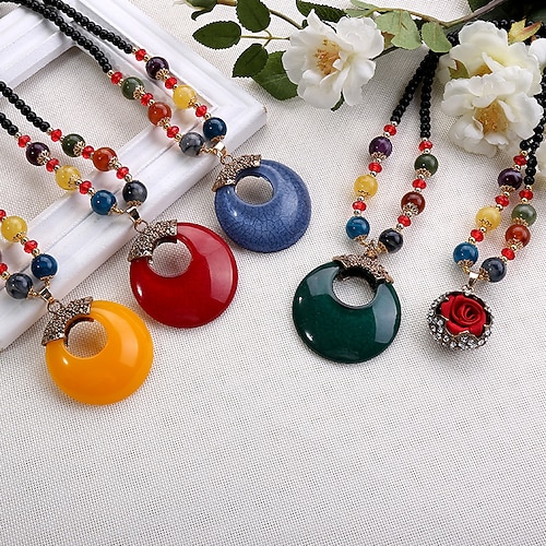 

1pc Pendant Necklace Necklace For Women's Synthetic Sapphire Blue Green Red Street Gift Beach Resin Stone Alloy Round Cut Flower / Layered Necklace