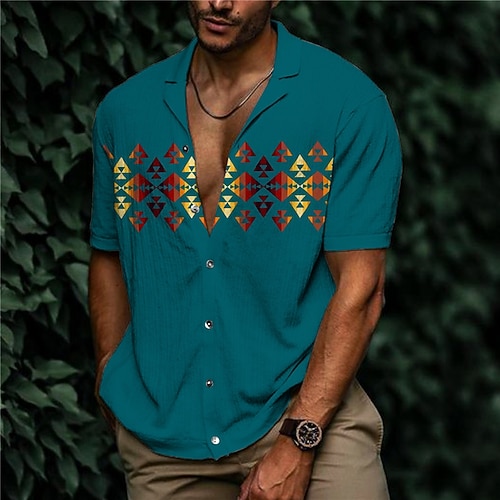 

Men's Shirt Print Geometry Turndown Street Casual Button-Down Print Short Sleeve Tops Designer Casual Fashion Breathable Green Blue Purple / Summer / Spring / Summer
