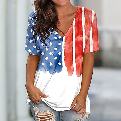

Women's Casual Weekend Painting T shirt Tee Stars and Stripes Short Sleeve Print V Neck Basic Tops Red S / 3D Print