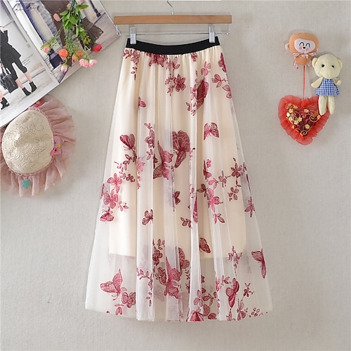 

Women's Skirt Swing Maxi Organza Red Beige Black Skirts Summer Embroidered Lined Fashion Holiday Weekend One-Size / Loose Fit