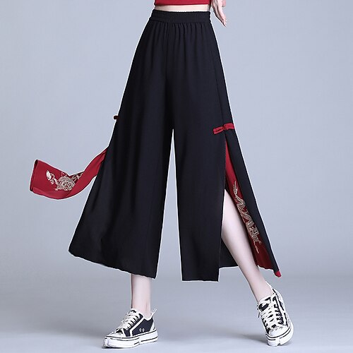 

Women's Chinos Pants Trousers Trousers Chiffon Black Mid Waist Fashion Casual Weekend Split Print Micro-elastic Ankle-Length Comfort Dragon M L XL XXL / Loose Fit