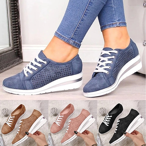 

Women's Sneakers Outdoor Daily Plus Size Height Increasing Shoes Wedge Sneakers Wedge Heel Round Toe Sporty Walking Shoes PU Leather Lace-up Color Block Black Rosy Pink Brown