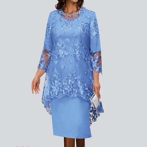 

Women's Lace Dress Dress Set Two Piece Dress Midi Dress Wine Champagne Dark Blue 3/4 Length Sleeve Pure Color Lace Winter Fall Autumn Crew Neck Party Loose Fit 2022 S M L XL XXL 3XL 4XL 5XL