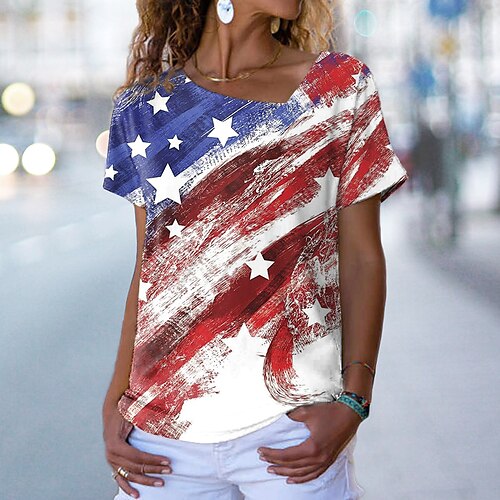 

Women's T shirt Tee Red Star American Flag Print Short Sleeve Casual Weekend Basic V Neck Regular Abstract Painting S / 3D Print