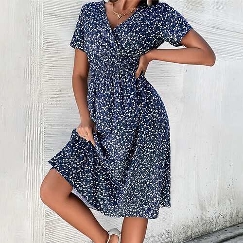 

Women's Casual Dress Swing Dress Floral Dress Midi Dress Blue Wine Dark Green Short Sleeve Floral Ruched Spring Summer V Neck Loose Fit 2022 S M L XL