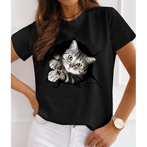 

Women's T shirt Tee White Black Cat 3D Print Short Sleeve Casual Weekend Basic Round Neck Regular 3D Cat Painting S