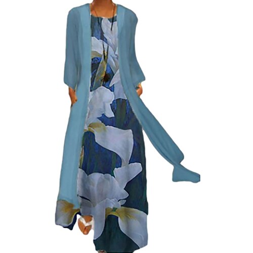 

Women's Dress Set Two Piece Dress Swing Dress Long Dress Maxi Dress Green Blue Gray Long Sleeve Floral Pocket Winter Fall Autumn Crew Neck Mature Winter Dress Weekend Fall Dress Loose Fit 2022 M L XL