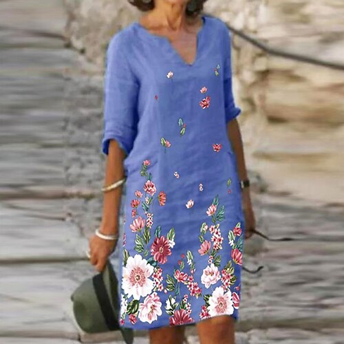 

Women's Casual Dress Shift Dress Midi Dress Black Blue Gold Half Sleeve Floral Print Fall Spring Autumn V Neck Modern Weekend Loose Fit 2022 M L XL XXL 3XL
