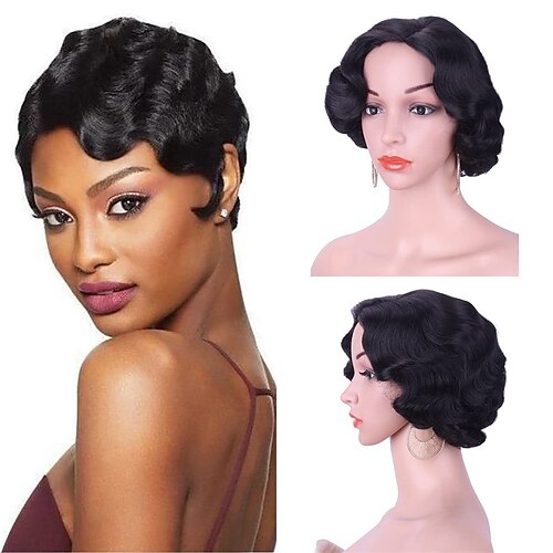 

Short Finger Wave Synthetic Hair Wig for Women Full Head Short Bob Curly 1920s-1950s Vintage Cosplay Costume Hairpiece