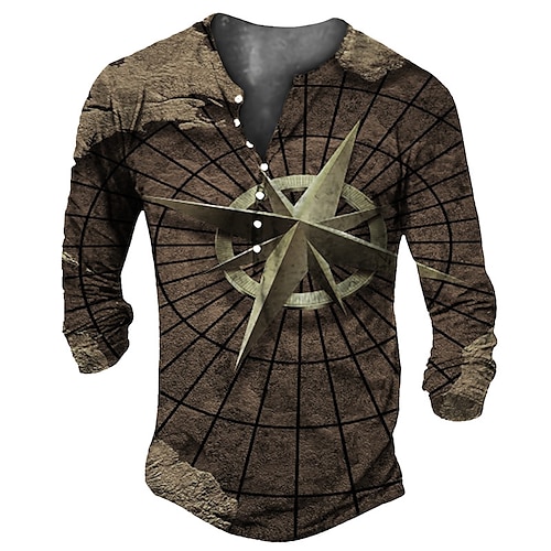 

Men's Henley Shirt Tee T shirt 3D Print Graphic Compass Plus Size Henley Daily Sports Button-Down Print Long Sleeve Tops Basic Classic Designer Comfortable Coffee