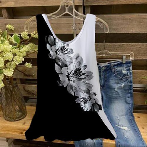 

Women's Plus Size Tops Blouse Shirt Floral Print Sleeveless Crewneck Streetwear Daily Holiday Cotton Spandex Jersey Spring Summer Black