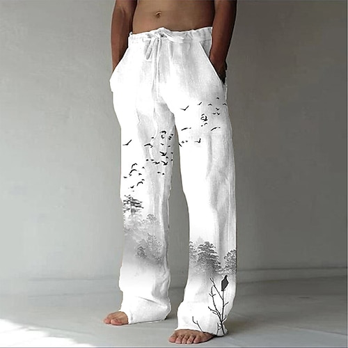 

Men's Casual Pants Straight Leg Chinoiserie Graphic Prints Ink Painting Pattern Trousers With Side Pockets Drawstring Elastic Waist Yoga Pants Daily Breathable Soft Mid Waist White S