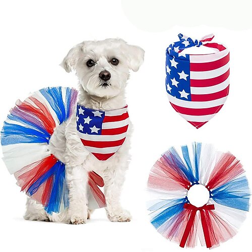 

American Flag Dog Bandana Bow Tie Hairpin Tutu Skirt - Dog Patriotic Costume Supplies for Small Medium Dogs Cats Puppy