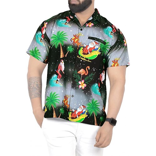 

Men's Shirt Santa Claus Turndown Street Casual 3D Button-Down Short Sleeve Tops Casual Fashion Comfortable Beach Black