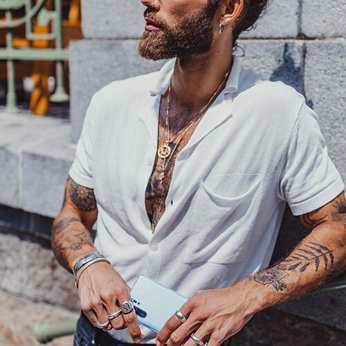 

Men's Shirt Solid Color Turndown Street Casual Button-Down Short Sleeve Tops Casual Fashion Breathable Comfortable White