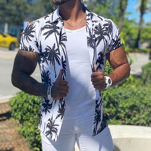 

Homme Chemise Cocotier Col rabattu Blanche Plein Air Casual Manches Courtes Bouton bas Vêtement Tenue Mode Casual Confortable Plage