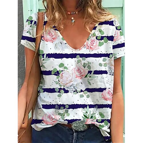 

Women's T shirt Flower Patchwork Print V Neck Basic Tops White / 3D Print