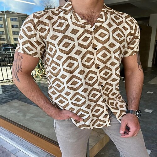 

Men's Shirt Graphic Geometric Turndown Street Casual Button-Down Short Sleeve Tops Casual Fashion Breathable Comfortable Brown