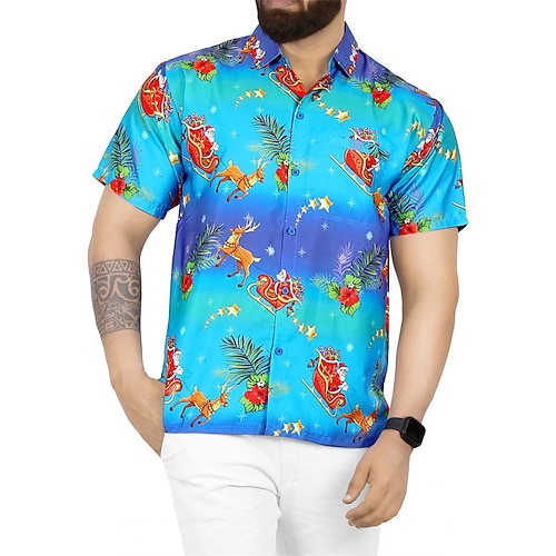 

Men's Shirt Santa Claus Turndown Blue Street Casual Short Sleeve 3D Button-Down Clothing Apparel Fashion Casual Comfortable Beach