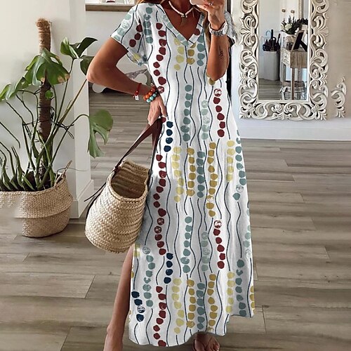 

Women's Shift Dress Long Dress Maxi Dress Blue Yellow Khaki Short Sleeve Floral Split Spring Summer V Neck Weekend 2022 S M L XL XXL 3XL