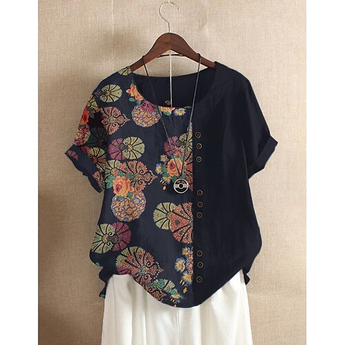 

Women's Plus Size Curve Tops Blouse T shirt Tee Floral Print Short Sleeve Round Neck Basic Vacation Weekend Cotton Spring Summer Black