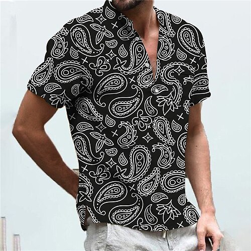 

Men's Shirt Print Cashew nuts V Neck Street Casual Button-Down Print Short Sleeve Tops Casual Fashion Designer Breathable Black