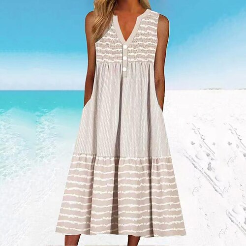 

Women's Shift Dress Midi Dress Brown Sleeveless Striped Button Spring Summer V Neck Loose Fit 2022 S M L XL XXL 3XL