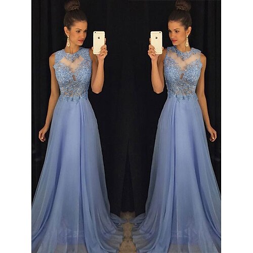 

A-Line Empire Prom Formal Evening Dress Jewel Neck Sleeveless Sweep / Brush Train Chiffon with Beading Appliques 2022