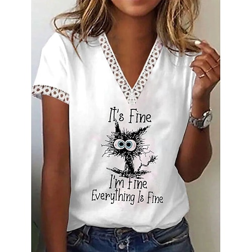 

Women's T shirt Tee Blue Navy Blue White Floral Feather Print Short Sleeve Casual Weekend Basic V Neck Regular I'm Fine It's Fine Everything Is Fine Floral Painting S