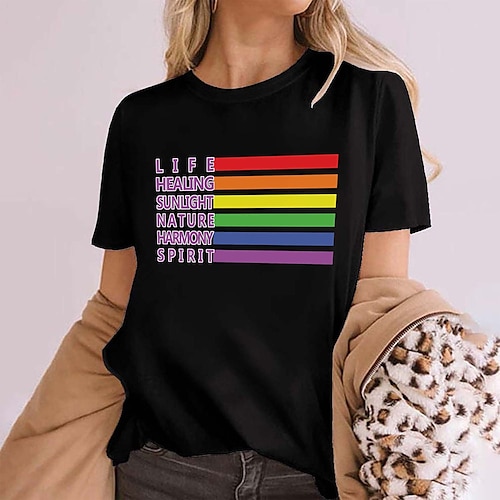 

Women's Casual Weekend Pride Day Painting T shirt Tee Rainbow Striped Text Short Sleeve Print Round Neck Basic LGBT Pride Tops White Black Gray S